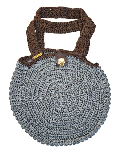 Bolsa de Crochê 100% Artesanal, Redonda, Cinza com Alças, Fio Náutico, Fecho Dourado