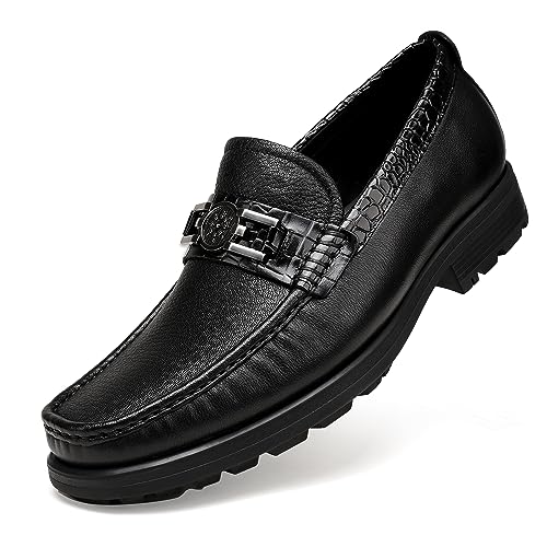 Mens Leather Penny Loafers, Classic Crocodile Printed Business Dress Shoes with Metal Buckle Slip on Penny Shoes for Mens