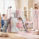 GarveeHome Rutsche Outdoor 7-in-1 Kleinkind Rutsche Schaukel Klettergerüst Spielplatz Mit Rutsche, Schaukel, Klettergerüst, Basketballkorb, Teleskop, Aufbewahrung & Versteck