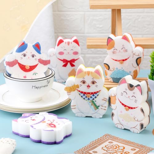 Image of 6 Pieces Cat Kitchen Sponges Lucky Cat Design Sponges Fun Non-Scratch Scrub for Washing Dishes Pots Pans and Household Cleaning Supplies for Kitchen Dishes Furniture Gifts
