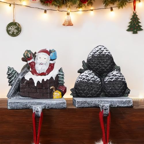 IGOHEALS Stocking Holders for Mantle – 3D Christmas Stocking Holder Heavy Duty Cast Iron Garland Hangers for Mantel with Non-Slip Base | Xmas Decor, Sturdy Fireplaces Hook (Pine Cone and Santa)