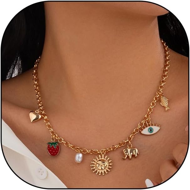 Gold Charm Necklace for Women Dainty Pearl Heart Choker Necklace Adjustable Sun Evil Eye Paperclip Chain Necklace Trendy Cowgirl Jewelry Presents
