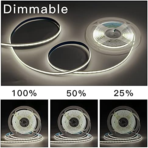 CP3 12V COB Flexible LED Strip Light Kits 6000K Natural White 5M 400LEDs/Meter Dimmable No Hot Spots Bendable Continuous Lights Tape CRI 80+ with RF Remote and UL Power Supply for DIY Home Decoration