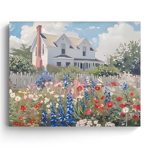 Image of Memorial Day Canvas Wall Art, Vintage Patriotic Cottage Print, Wildflower Garden and Farmhouse Landscape Poster Framed Art, Summer Independence Day Decor for Entryway or Living Room 8x10inch