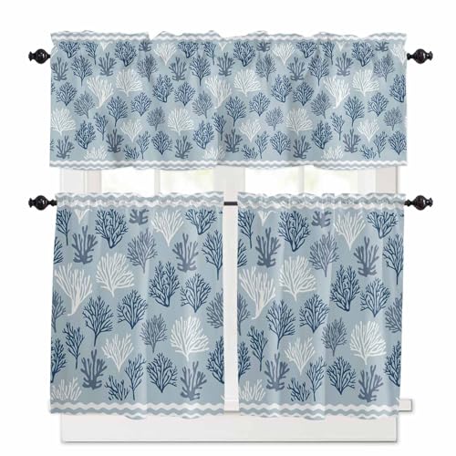 Blue White Coral Kitchen Curtains 36 Inch Length, 3 Piece Rod Pocket Small Half Tiers and Valance Set, Summer Beach Coastal Ocean Stripes Small Large Window Treatment Decor for Bedroom/Bathroom Sink