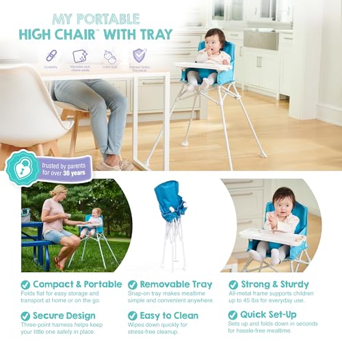 Image of Regalo My Portable High Chair, Foldable High Chair for Babies & Toddlers, Indoor /Outdoor Baby Chair, Travel High Chair with Tray & Cup Holder, Aqua
