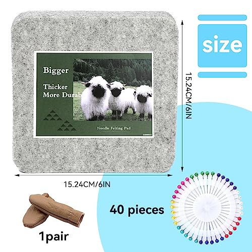 Image of WONVOC Needle Felting Pad, 6x6x1'' Needle Felting Mat, Grey Sponge Pad for Needle Felting Supplies, with Finger Cots and 40 Straight Pins, for Wool Project Crafts