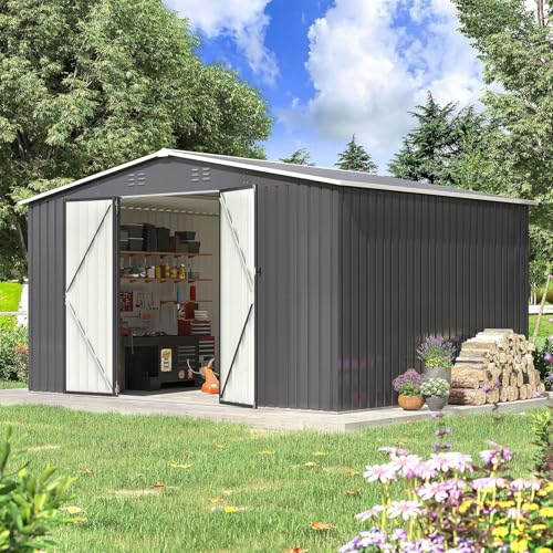 Image of Polar Aurora Outdoor Storage Shed, Metal Garden Shed with Updated Frame Structure, Tool Sheds for Backyard Garden Patio Lawn (Black, 12x10 FT)