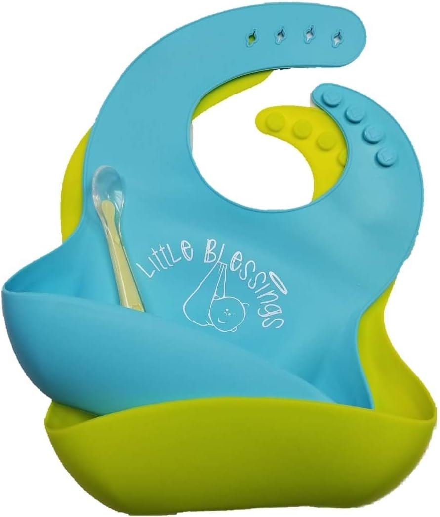 Little Blessings Silicone Baby Bib New Design Reinforced TABS Washable Comfortable Waterproof Free Silicone Spoon for Toddlers and Babies Set of 2 Easy Clean Wipe Off Soft Durable Rollup, Baby Bjorn