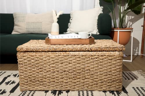 Wholestory Collective Handwoven Wicker 35" Banana Leaf Storage Trunk And Chest Toybox Xl Organizers With Lid, Natural Color With Handles #TOP3