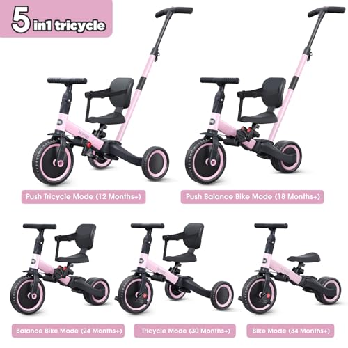 Image of newyoo Toddler Tricycle,Toddler Bike,Birthday Gifts and Toys for 1-3 Year Old Boys and Girls, Trike with Push Handle, Backrest and Safety Belt, Balance Bike, TR007, Pink