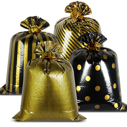 Fulmoon 48 Inch Extra Large Gift Bag Jumbo, Black Gold, Stripe & Dot