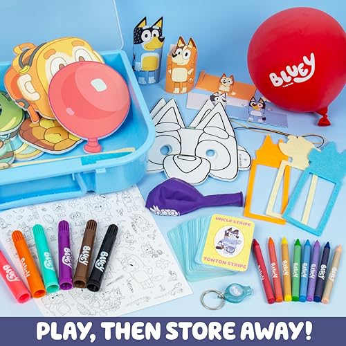 Bluey Imagination Case, 15 Games & Activities, Travel-Friendly Bluey Playset With Markers, Crayons, Balloons, Puppets & Games for 3 Year Olds, Fun Bluey Toys & Toddler Games, Bluey Party Decorations - Thumbnail 7