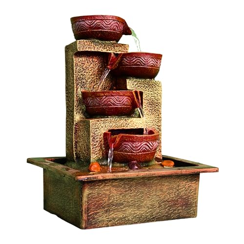 Image of 4 Indoor Tabletop Water Fountain, Polyresin Cascading Waterfall Showpiece with Running Water and Light, Decorative Fountain for Home, Office, Living Room, Meditation, Vastu, Desk Decor