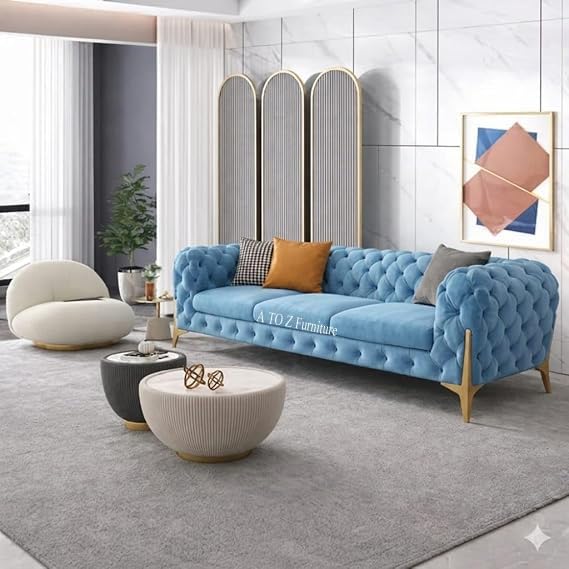 Image of A to Z Furniture Modern Classic Fabric & Valvet Tufted Chesterfield Sofa Living Room and Office (3+1= 4 Seater Sofa Set with Footrest Sky-Blue)