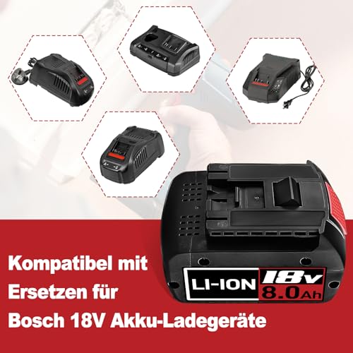 4 Stück18V 8.0AH Li-Ion Ersatzakku für Bosch 18V Akku Lithium Akku Kompatibel mit Bosch 18V Serie BAT609 BAT618 BAT618G BAT609G BAT619 BAT619G BAT610G mit LED – Bild 4