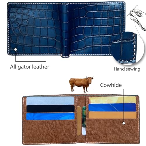 Image of Navy Blue Leather Slim Bifold Wallet Gift Men Hand Stitching Luxury Large Capacity Credit Card Holder Premium Security Wallet RFID Blocking Anti Theft Handmade By Vietnamese VINAM-88
