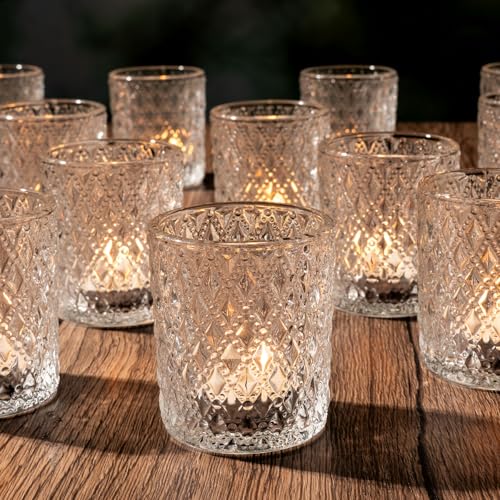 Romcanmy Photophore Verre Transparent, Lot de 12 Photophore Bougie AVCE Losanges en Relief, Romantique Bougeoir Verre pour Bougie Chauffe-Plat, Décoration de Table Mariage Anniversaire Fête Dîner