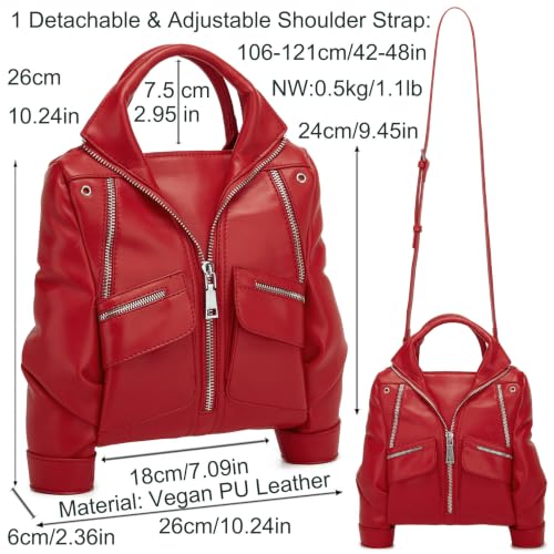 Image of Women Novelty Jacket Shaped Handbag Purse Y2K Punk Crossbody Shoulder Bag | Premium vegan PU leather. Fixed top handle for carrying & adjustable detachable strap for shoulder or crossbody styling.
