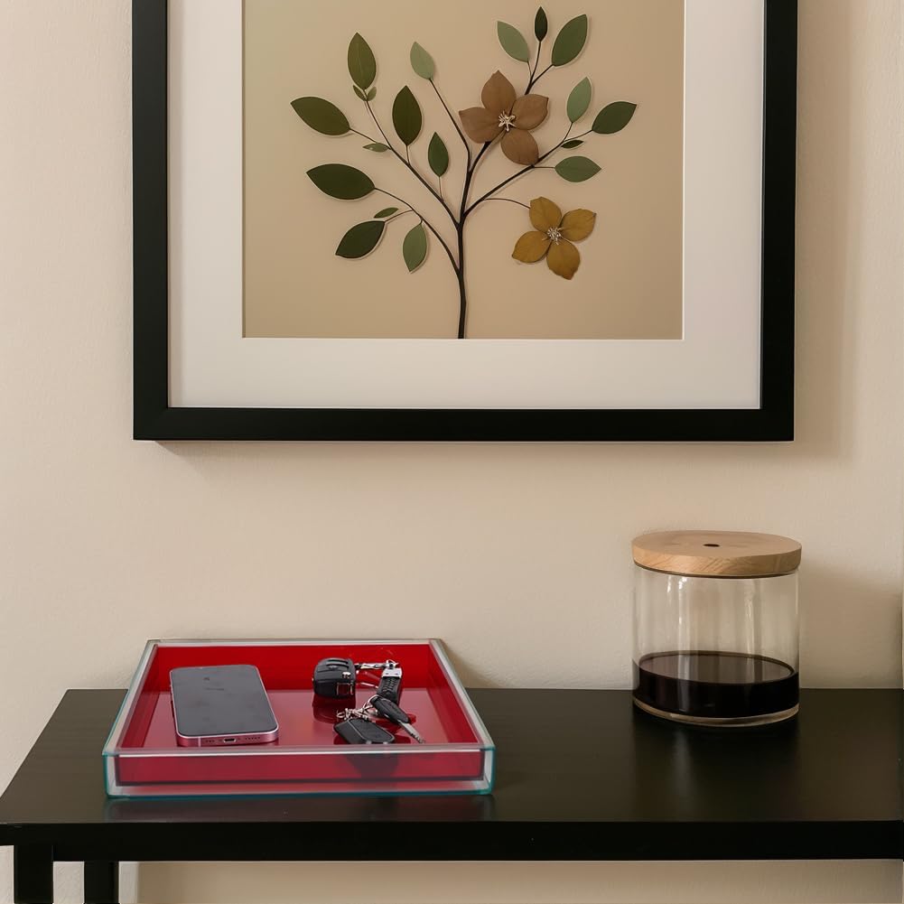 Red Acrylic Tray -10"x10" Multipurpose Square Decorative Tray for Perfume Display & Serving, Bathroom Sink Vanity Organizer Tray for Bathroom, Vanity, Coffee Table, Living Room Decor