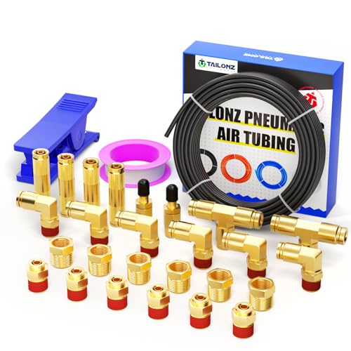Image of TAILONZ Pneumatic Black 1 /4 inch OD 32 Meter 100ft PA12 Nylon Air Tubing Kits,Pipe Hose Air Line Tubing, Push-to-Connect DOT Brass Fittings (29PCS)