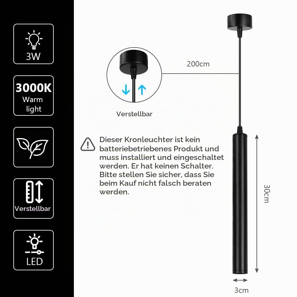 HOTUT Zylinder Hängelampe Schwarz,3 Stück Pendelleuchte Modern Zylinder, Höhenverstellbar 30cm Aluminium Kronleuchter, Hängeleuchte lang für Küche Esszimmer Nachttisch Schlafzimmer Bar