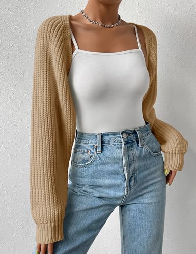 Image of Women's Long Sleeve Open Front Knitted Crop Cardigan Drop Shoulder Knit Bolero Shrug Sweater