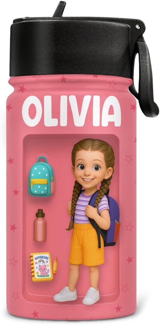 Wrappiness Custom Kids Water Bottle - Personalized Back To School Gift for Kids, Custom AI Photo 12 Oz Stainless Steel Bottle with Straw