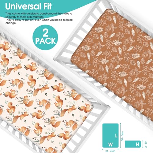Image of BROLEX Baby Fitted Crib Sheets: Kid Crib Sheets - Set of 2 for Toddler Standard Size Crib Mattress for Boys and Girls - Jersey Knit Crib Bed Sheets Squirrel&Foliage