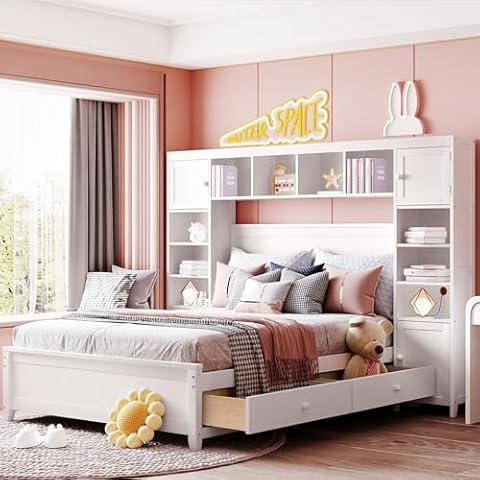 Harper & Bright Designs Full Size Platform Bed with Bookcase Headboard and Storage Drawers, Solid Wood Bed Frame with Cabinet and Bookshelf,for Kids Teens Adults, No Box Spring Needed - White Cover