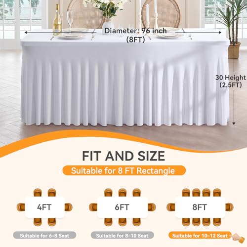 Image of Outpain White Spandex Table Clothes for 8 Foot Rectangle Tables-3Pack 8FT Spandex Fitted Table Cover, Wrinkle Free Tablecloths with Skirt for Parties, Wedding, Birthday, Banquet, Festival