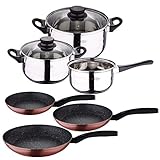 San Ignacio Batería de cocina 5 piezas acero inoxidable y set 3pcs sartenes Ø20/Ø24/Ø28, aluminio forjado, inducción