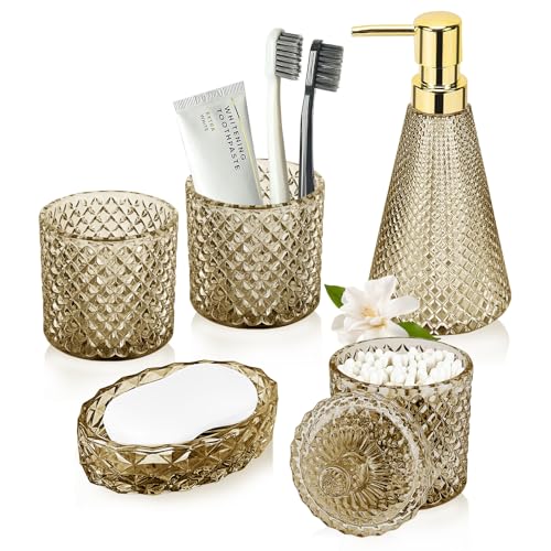 Topsky Light Brown Bathroom Accessory Set Glass Bathroom Decor Countertop Organizer 5Pcs Bathroom Accessories with Lotion Dispenser(Conical) Soap Dish Toothbrush Holder Tumbler Cotton Swab Jars