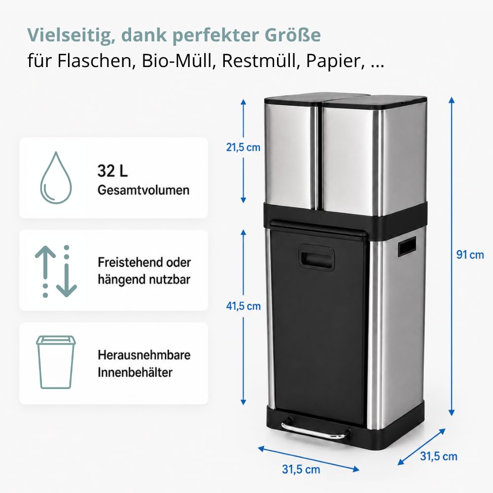 hjh OFFICE Mülleimer CLEAN 3 – Mülltrennsystem mit 3 Fächern, 2x 6L + 1x 20L, Soft-Close-Deckel, Edelstahl-Abfalleimer für Innenbereich, Silber