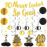 TIHEBAX 40th Birthday Decorations, Black & Gold 40th Birthday Decorations for Men & Woman '40 Never Looked So Good' Happy Birthday Banner with 6PCS Hanging Swirls & 4PCS Honey Ball&Table Centerpieces