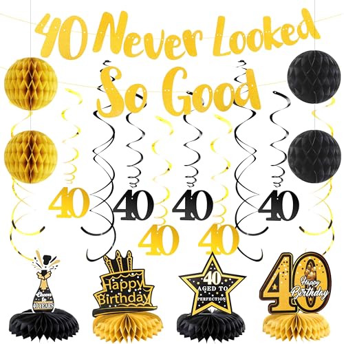 Image of 40th Birthday Decorations, Black & Gold 40th Birthday Decorations for Men & Woman inch40 Never Looked So Good inch Happy Birthday Banner with 6PCS Hanging Swirls & 4PCS Honey Ball&Table Centerpieces