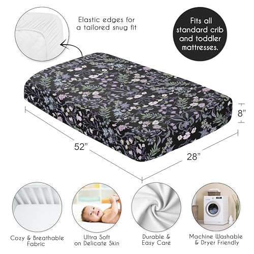 Image of Sweet Jojo Designs Fitted Baby Crib Sheets (Black & Purple Wildflower Vintage Floral) for Girls, Infant Nursery, Toddler Room - Standard Size (Boho, Paisley, Bohemian, Cottagecore, Farmhouse, Flower)