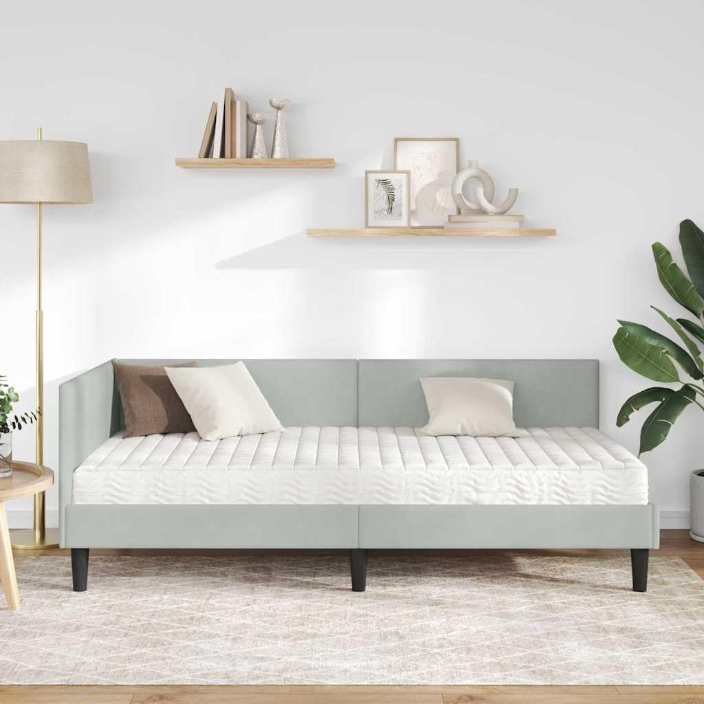 Jasnoszara aksamitna rama łóżka narożnego z materacem, 204 x 104 x 72 cm, oddychająca, trwała, montowany na ścianie, nowoczesny design do sypialni, w zestawie materac o średniej twardości