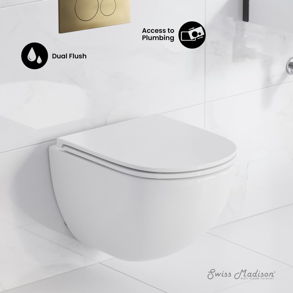 Swiss Madison St. Tropez Wall-Hung Toilet Bundle 0.8/1.6 GPF Dual Flush in Glossy White with Brass Flush Plate