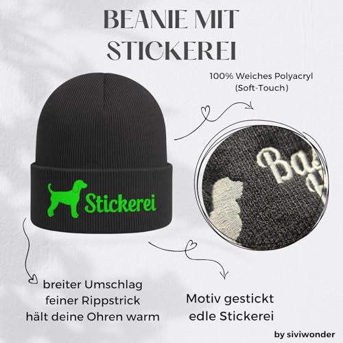 siviwonder Beanie strickmütze mit Hunderasse Stickerei - Chihuahua Chiwawa Chi mexikanische Hunderasse klein LANGHAAR - Stickerei Hund Winter Mütze warm für gassi Spaziergang Grey Melange-neonpink