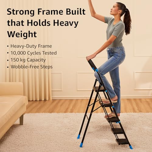 Image of Amazon Basics Curvo-Foldable Step Ladder, Ribbed Steps, Knee Guard, Non-Marring PVC Shoes, 5 Steps (Black & Blue)