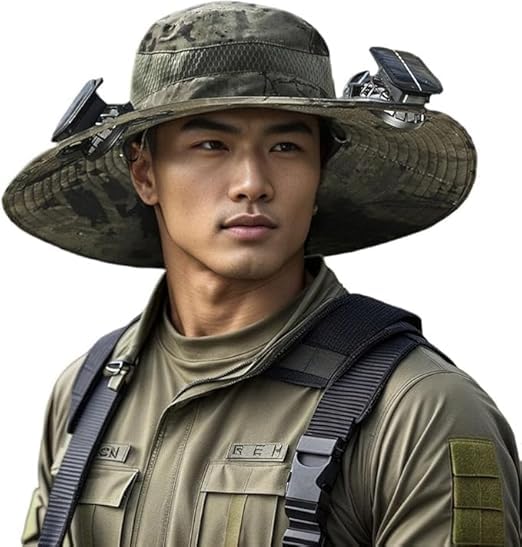 Padom Outdoor Wide Brim Sun Hat with 2 Solar FanHat Sun Bucket Hat for Men Women Outdoor Hiking Cap UPF 50+ Bucket Fishing & Beach Hat with Fan Built in (Camouflage Khaki)