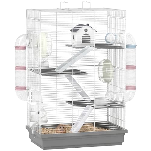 PawHut Cage pour Hamster, 47x30x70 cm, Petite Maison pour Animaux avec Tunnel, Plateformes, Bol, Abreuvoir, Maison, rampes et Roue d'exercice, pour Hamsters...