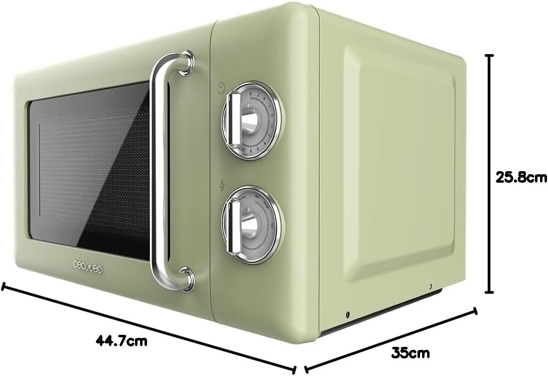 Diagram showing the dimensions of the Cecotec Proclean 3010 Retro Green Microwave Oven