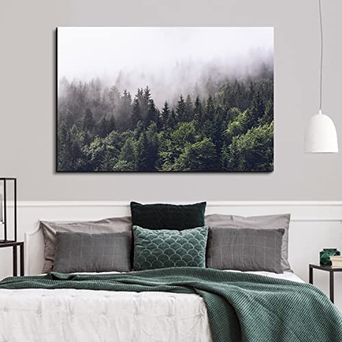 Image of Pine Tree Canvas Wall Art for Living Room Kitchen, Rustic Misty Foggy Forest Scenery Picture Wall Decor Nature Mountain Landscape Prints Poster Fall Trees Painting Modern Artwork Home Decoration 32x48 inch