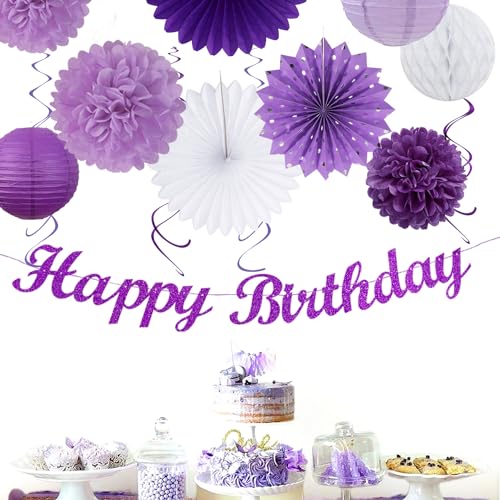 Image of Purple Lilac-Lavender White Women Birthday Party-Decorations - 21pcs Happy Banner,Paper Lanterns,Tissue Pom Poms Flower Fan,Honeycomb Ball,Hanging Streamers Garland, Girls Decor Supplies Huglony
