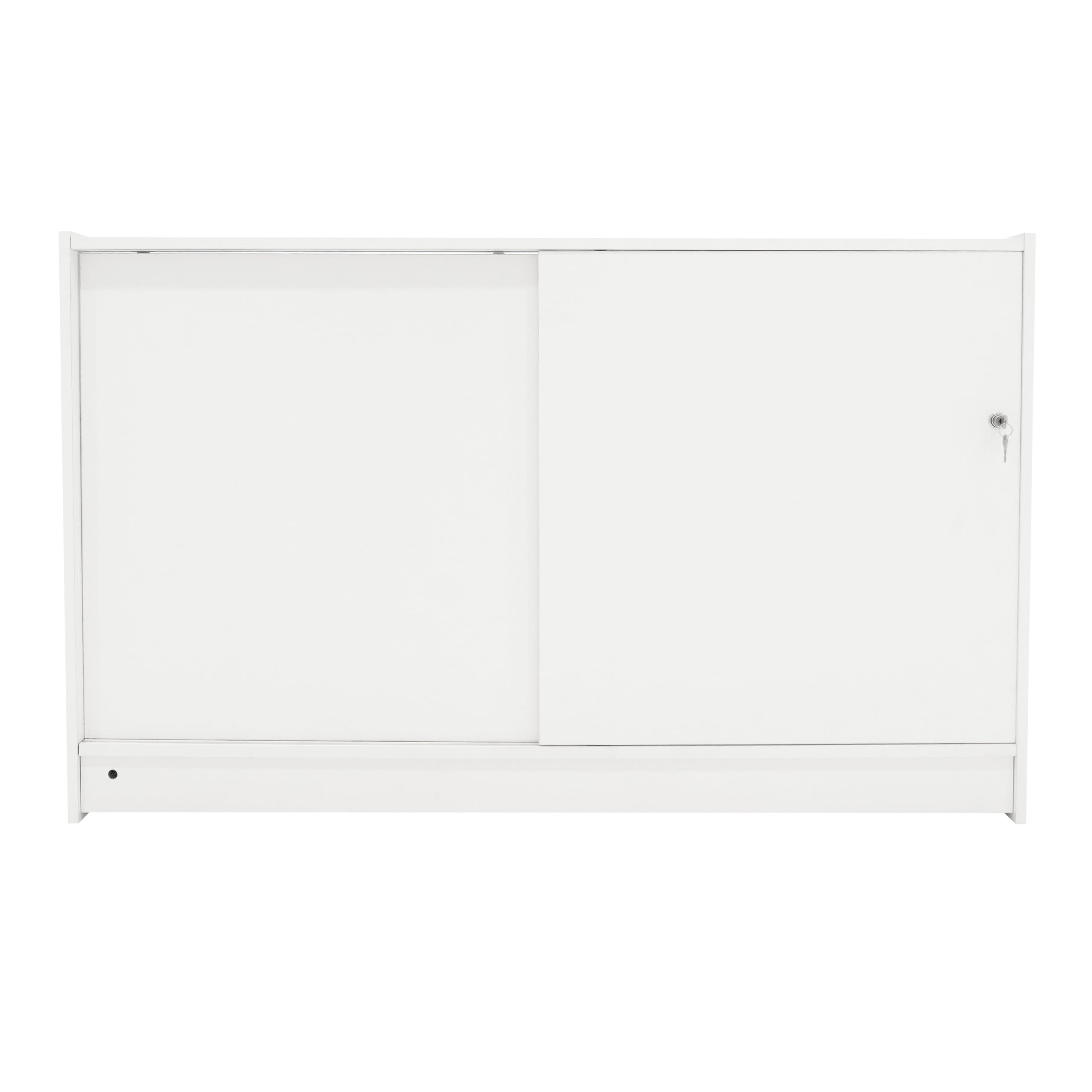 Comptoir de Vente en MDF Blanc LED Blancs Intégrés K1500 3 Étagères Portes Coulissantes Verouillables Rangement Commerciale Vitrine en Verre Acceuil Réception Bureau Vêtements Bijoux [2 Clés INCLUS]