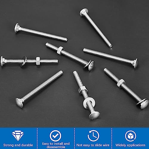 Image of Zonon 50 Sets 1 /4-20 x 3 Stainless Steel Carriage Bolts and Nuts Kit Round Head Square Neck Carriage Bolts Screws and Hex Nuts and Flat Washers, Stainless 18-8 Full Thread Coverage (Silver)