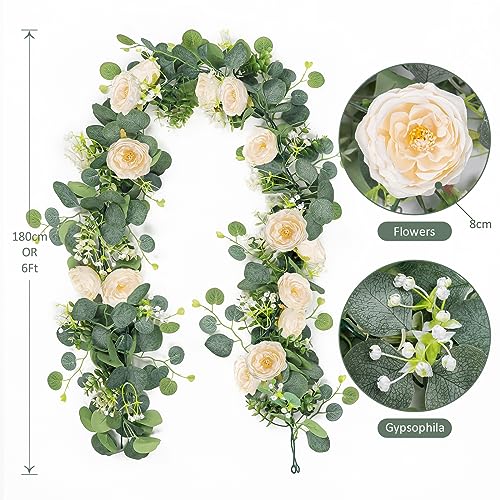 UXORSN 2PCS 12FT Artificial Eucalyptus Flower Garland with Champagne Rose Fake Plants Silk Floral Greenery Garland Faux Gypsophila Ivy Vine for Wedding Decoration Home Party Table Runner Decor - Image 3
