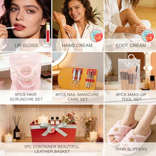Image of 35Pcs Spa Kit Gift for Women, Sandalwood Red Rose Bath and Body Basket Gift | Face Skin Care Kit, Home Spa Self Care, Lip Gloss, Birthday, Christmas, Mother, Bridal Shower, Anniversary for Mom Pamper Kit